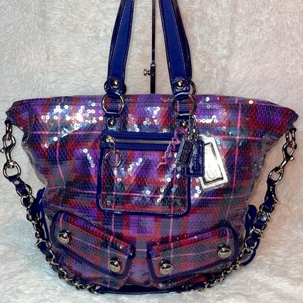 Coach Poppy XL Limited Edition Tartan Plaid Glam Sequin Spotlight Bag Purse - Picture 2 of 16